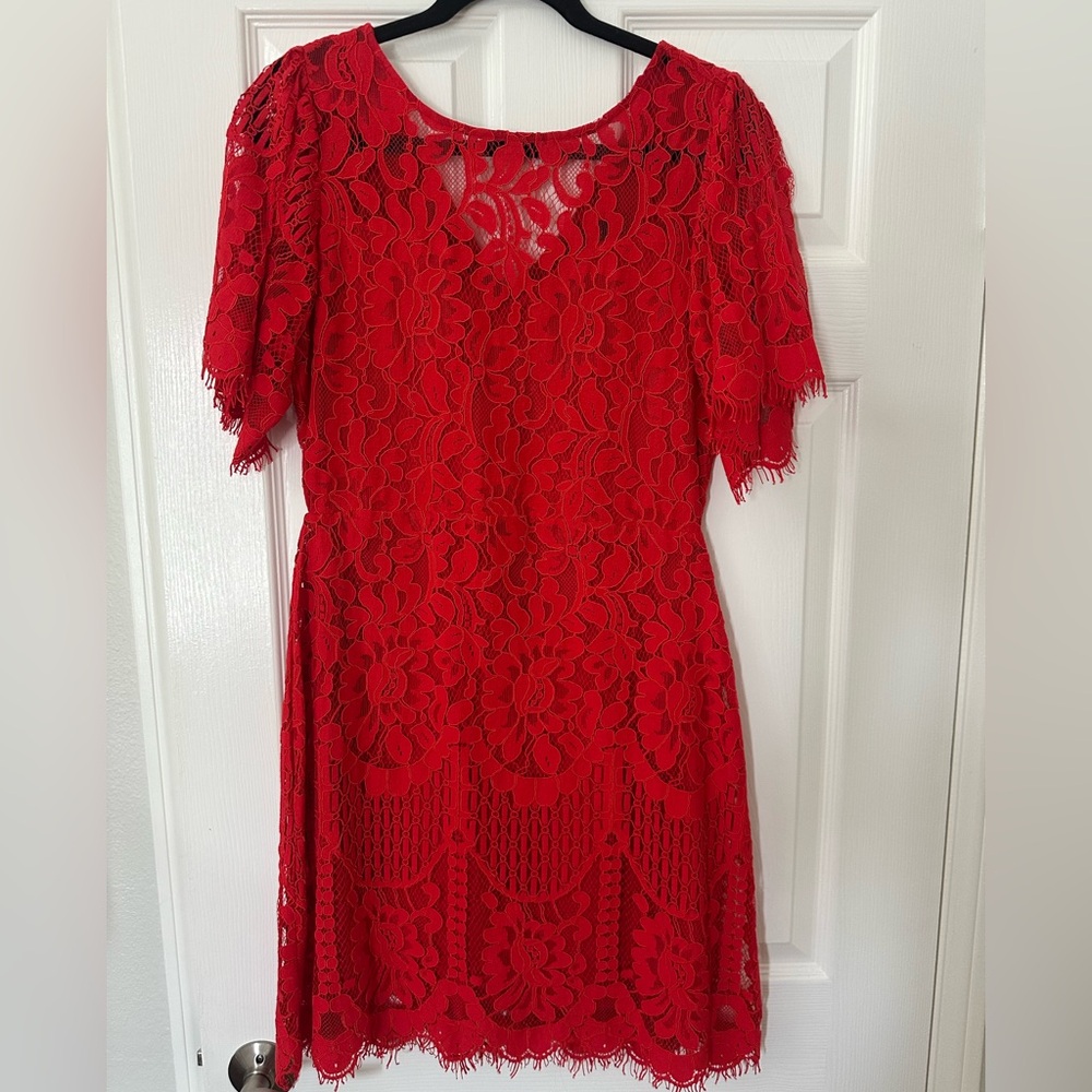 Lulu's Vibrant Red Floral Lace Midi Dress